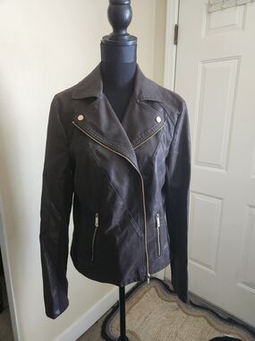 Kenneth Cole Reaction Women's Chocolate Brown Faux Leather Moto Jacket